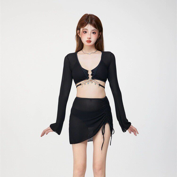 泳衣女款夏新款纯欲风比基尼长袖罩衫包臀裙甜美绑带度假泳装溫泉