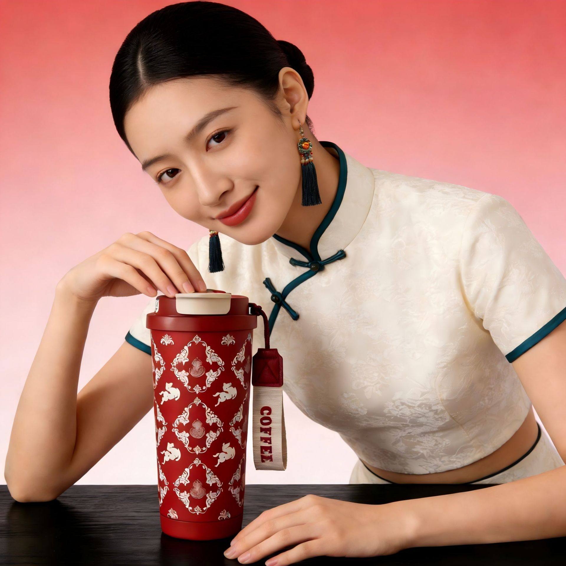 精品礼盒马上福禄红色保温杯女咖啡杯便携吸管杯子轻奢大容量水杯