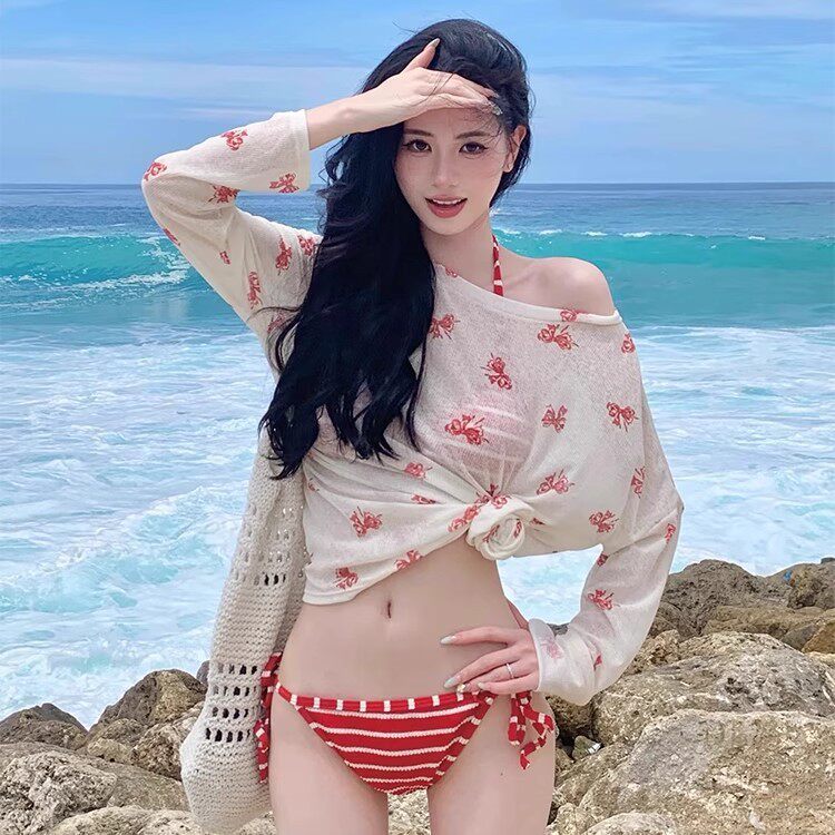 比基尼泳衣女款三件套装长袖罩衫性感辣妹显白沙滩度假泡温泉泳装