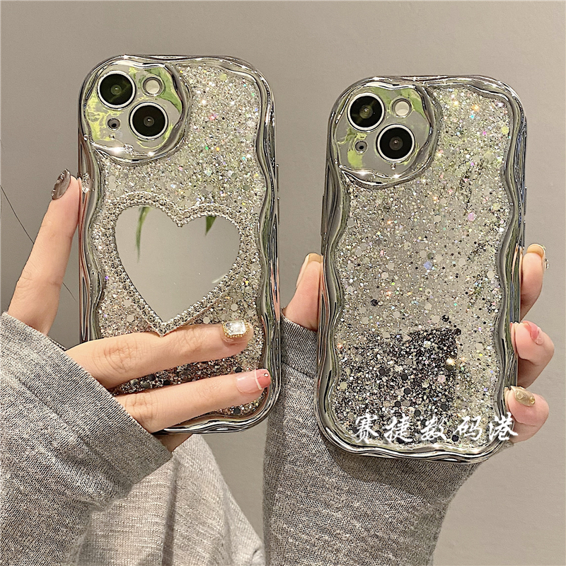 银箔闪粉爱心镜面支架oppo RENO11/10/9/8/7/6/5/4/3手机壳pro补妆se电镀A58x支架A72全包findx7防摔x6软A1女