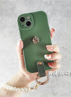 高级感橄榄绿金属山茶花适用小米14/13/12/11/10手机壳pro手提珍珠链红米note13/12/11/9皮质K60新款K50女K40