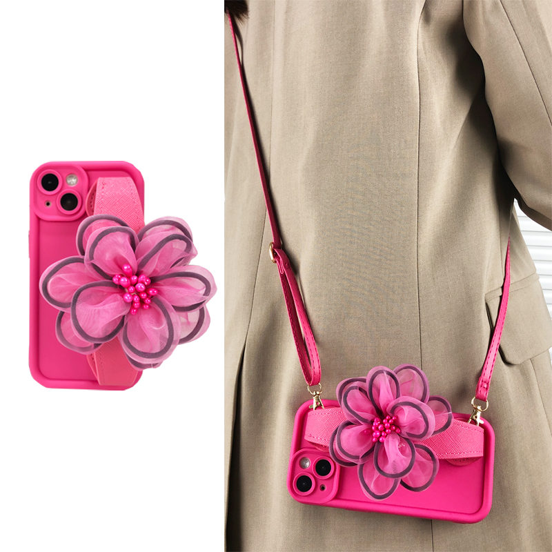 春天玫红纱花手腕带oppo RENO11/10/9/8/7/6/5/4/3手机壳pro斜挎挂绳findx7/x6/x5可背带A58x唯美A72新款硅胶