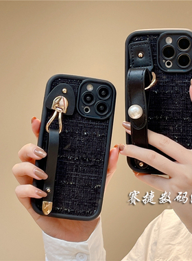 黑色小香风绒布皮质珍珠腕带oppo A92S手机壳a72/a55/a57轻奢reno4/5/6/7/8秋冬k10/k11女r15全包a93s软套r17