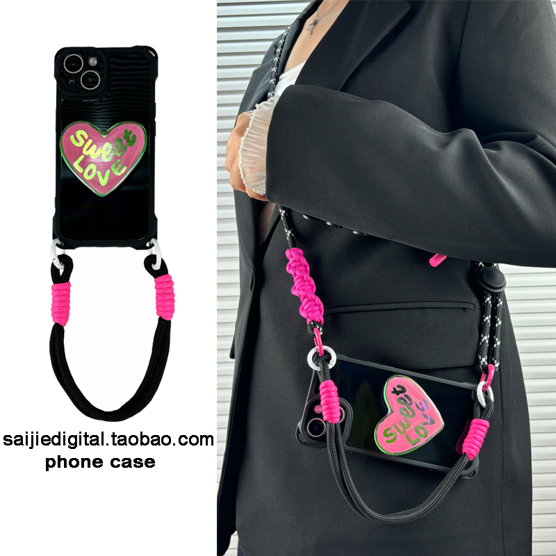玫红镭射爱心支架适用vivo s19/s17/s16/s15手机壳pro斜挎挂绳x100可背带x90撞色7plus手提x80/x70女Y77/Y78+