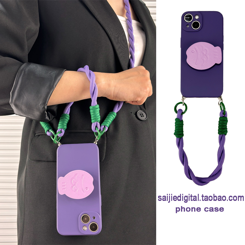 高级感紫色鲤鱼支架适用oppo RENO12/11/10/9/8/7/6/5手机壳pro斜挎挂绳A72手腕带A58可背带K12女findx7软x6