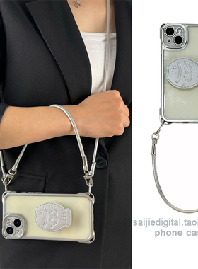 四角挂孔电镀银色小鱼皮质支架适用vivo s19/s17/s16/s15手机壳pro斜挎x200/x100挂绳x90手提x80/x70新款Y78+