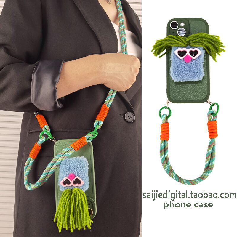 趣味毛绒长发墨镜公仔支架适用oppo RENO12/11/10/9/8/7/6/5/4/3手机壳Pro斜挎挂绳se手提绳A3女A2个性A1新款
