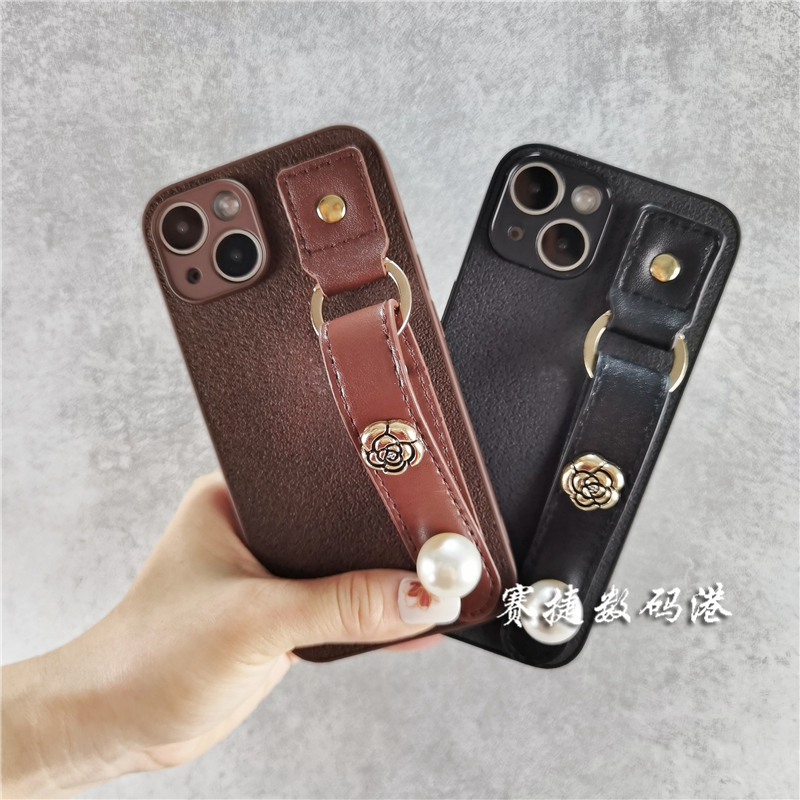 月坑纹深棕色珍珠山茶花手腕带oppo RENO10/9/8/7/6/5/4手机壳pro高级感se女K11秋冬A72/A57软A53潮A58x创意+