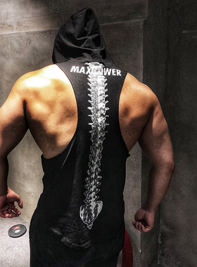 MAXPOWER潮流健身马甲男修身无袖背心运动坎肩连帽衫跑步训练服