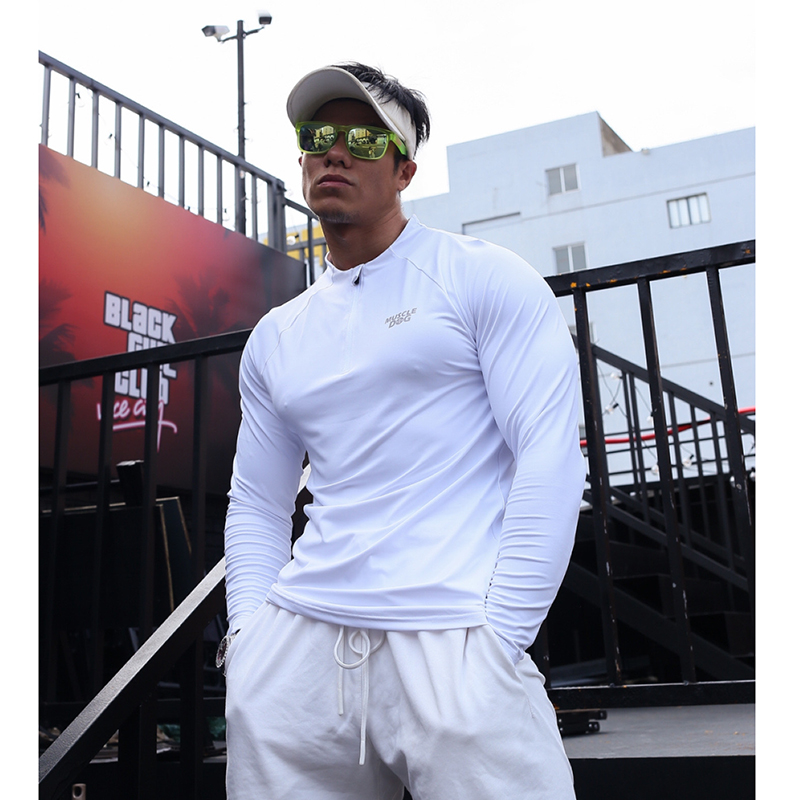 肌肉狗 运动t恤男秋季新款户外半拉链修身高弹长袖训练健身上衣