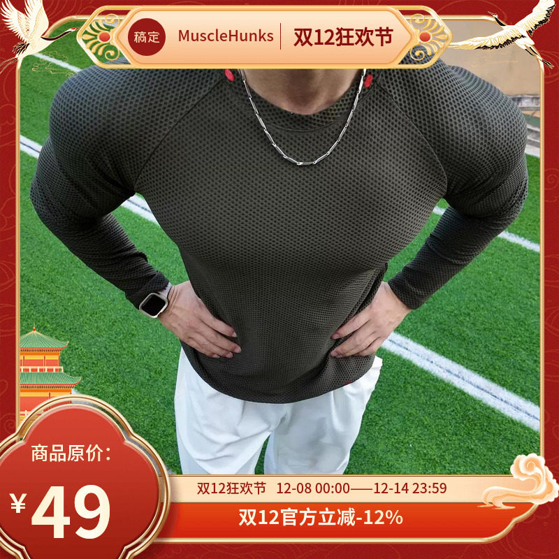 秋季经典纯色网眼弹力无印花弹力修身运动上衣训练服紧身男长袖