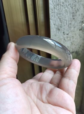 冰透玻璃种玉髓手镯中宽起荧光可透字天然灰玛瑙女镯手环61mm157