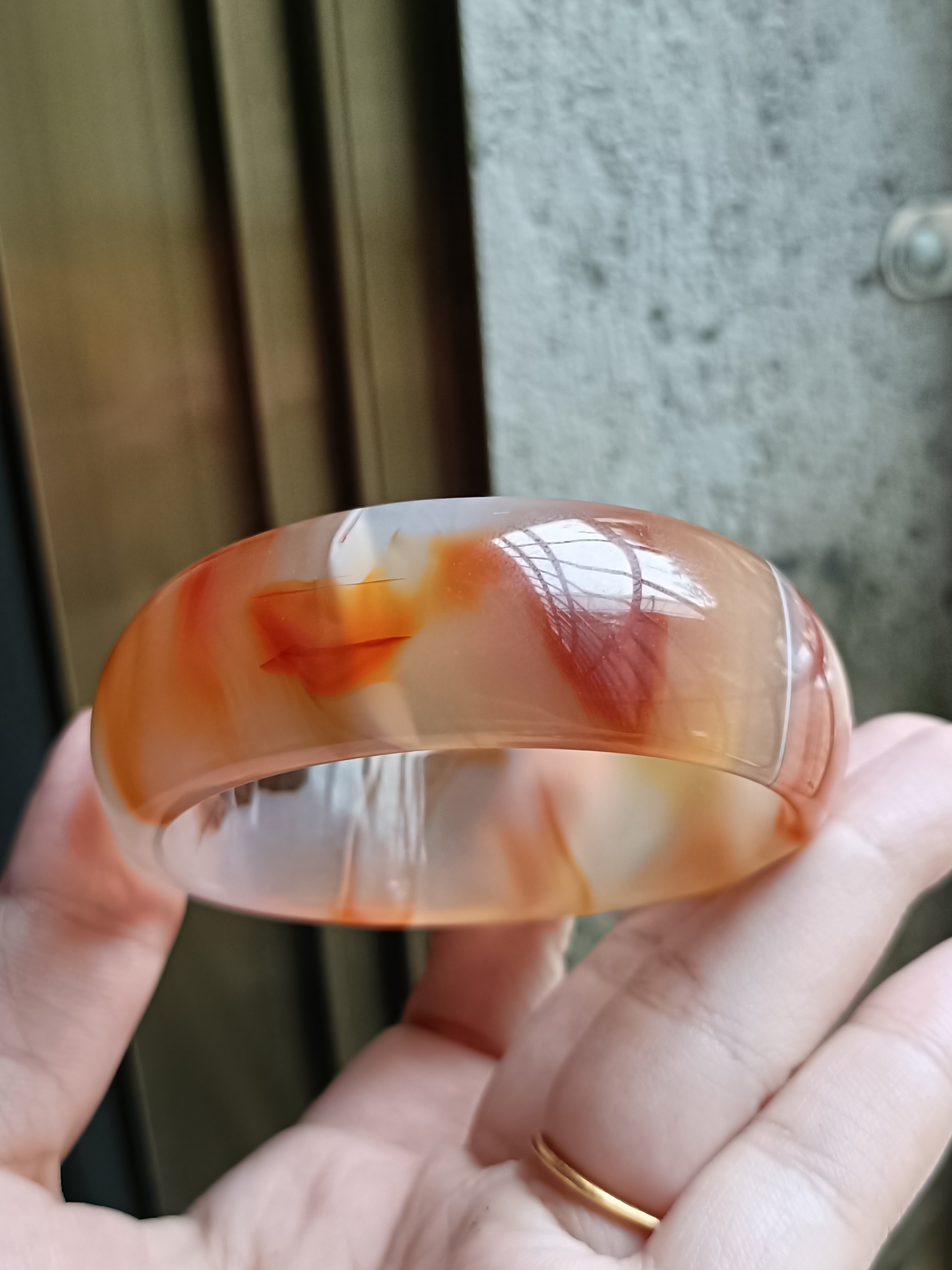 巴西纯天然橘俏色玛瑙手镯加宽加厚水润冰透荧光女礼特色文理178