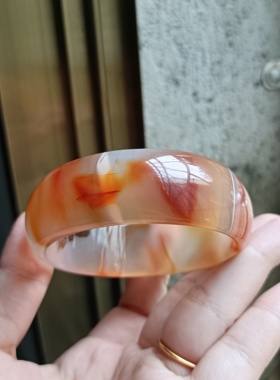 巴西纯天然橘俏色玛瑙手镯加宽加厚水润冰透荧光女礼特色文理178