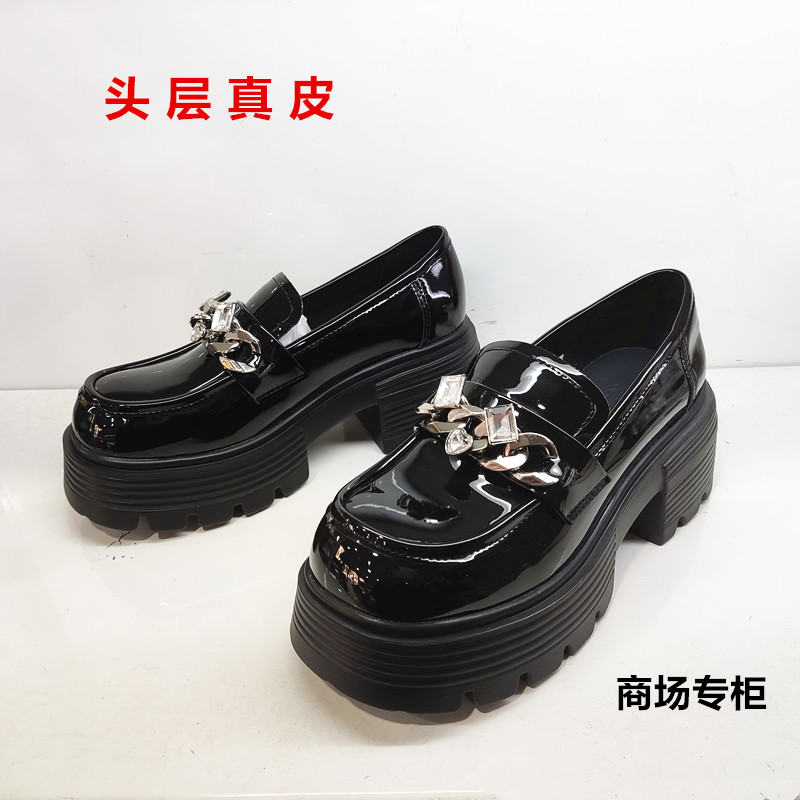 商场厚底乐福鞋女英伦风2024年春季新款韩版增高水钻金属扣小皮鞋