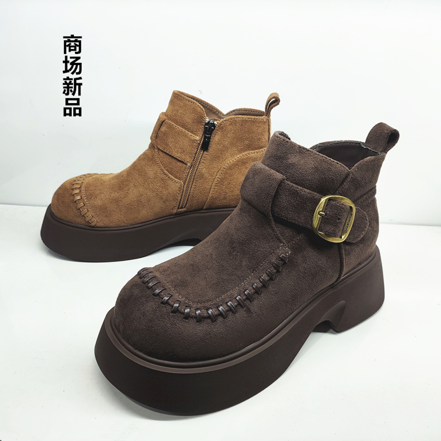 羊京绒加绒厚底松糕大头短靴女靴