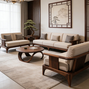 美学黑胡桃木多人布艺家居套装 实木沙发客厅家具宋式 现代新中式