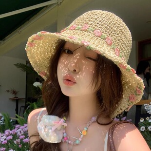 小花朵草帽女田园风草编帽子出游度假海边沙滩太阳防紫外线遮阳帽