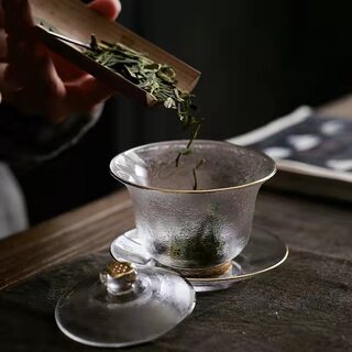 描金锤纹玻璃三才盖碗茶杯家用功夫茶具配件加厚不烫手高档泡茶器