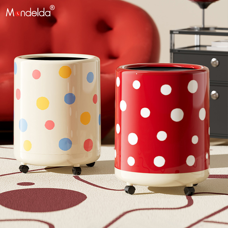 满得达家用客厅垃圾桶高颜值卧室卫生间大号ins风可爱带轮垃圾筒