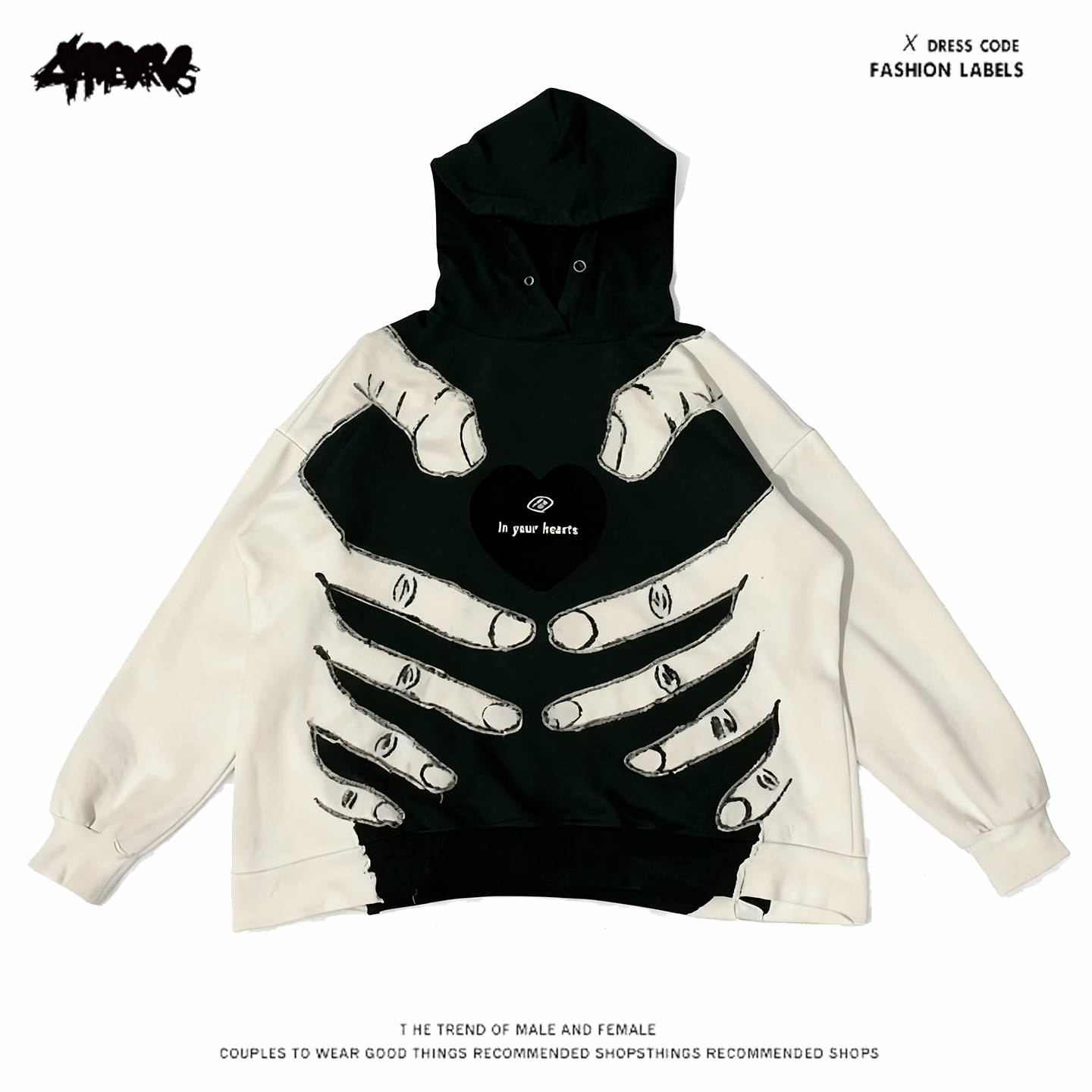 y2k hoodie~复古骷髅手掌印花连帽卫衣男女潮牌宽松套头衫高街风