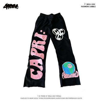 y2k hoodie~美式嘻哈风黑色字母印花卫裤男女街头潮流宽松长裤
