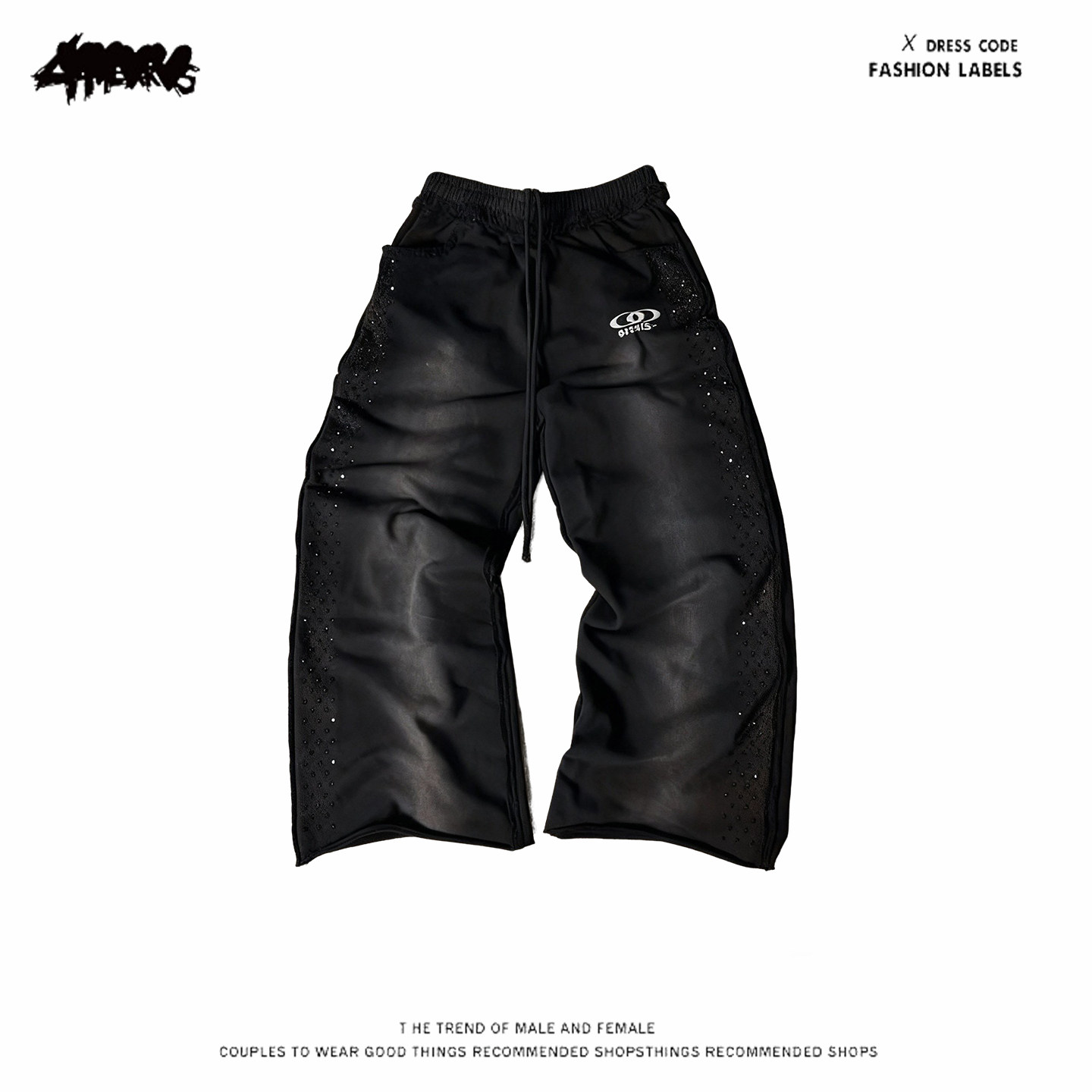 y2k hoodie~美式街头风水洗做旧阔腿裤男女宽松黑色长裤潮酷