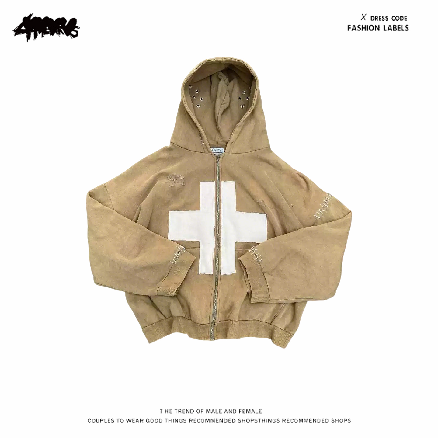 y2k hoodie~美式街头风十字架连帽卫衣男女卡其色拉链开衫外套潮