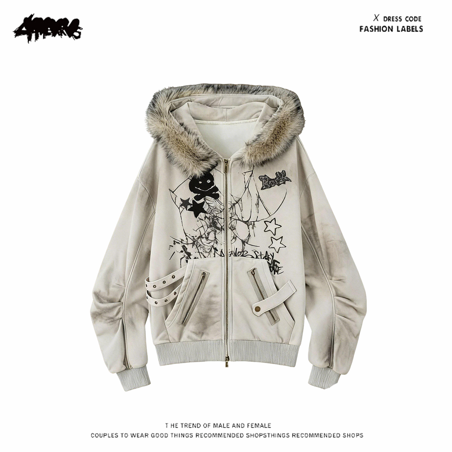 y2k hoodie~辣妹风毛领连帽卫衣女宽松开衫拉链加绒加厚原宿外套