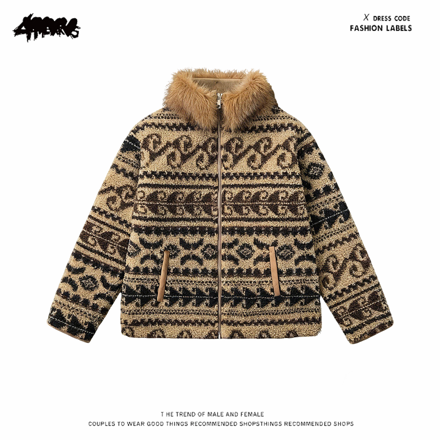 费尔岛风毛领羊羔毛外套女秋冬加厚保暖拉链开衫显瘦大码棉服棉衣