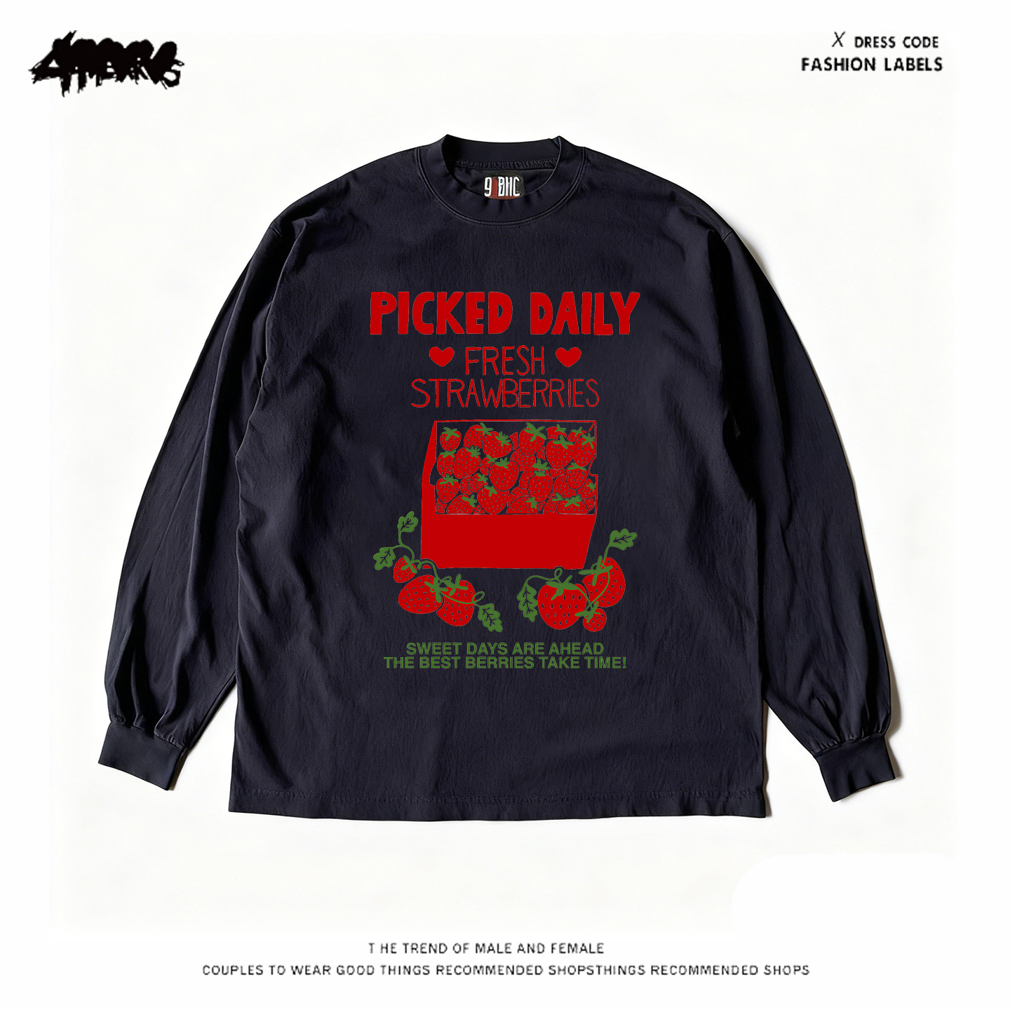 y2k hoodie~美式嘻哈风草莓长袖T恤男女情侣oversize重磅纯棉上衣