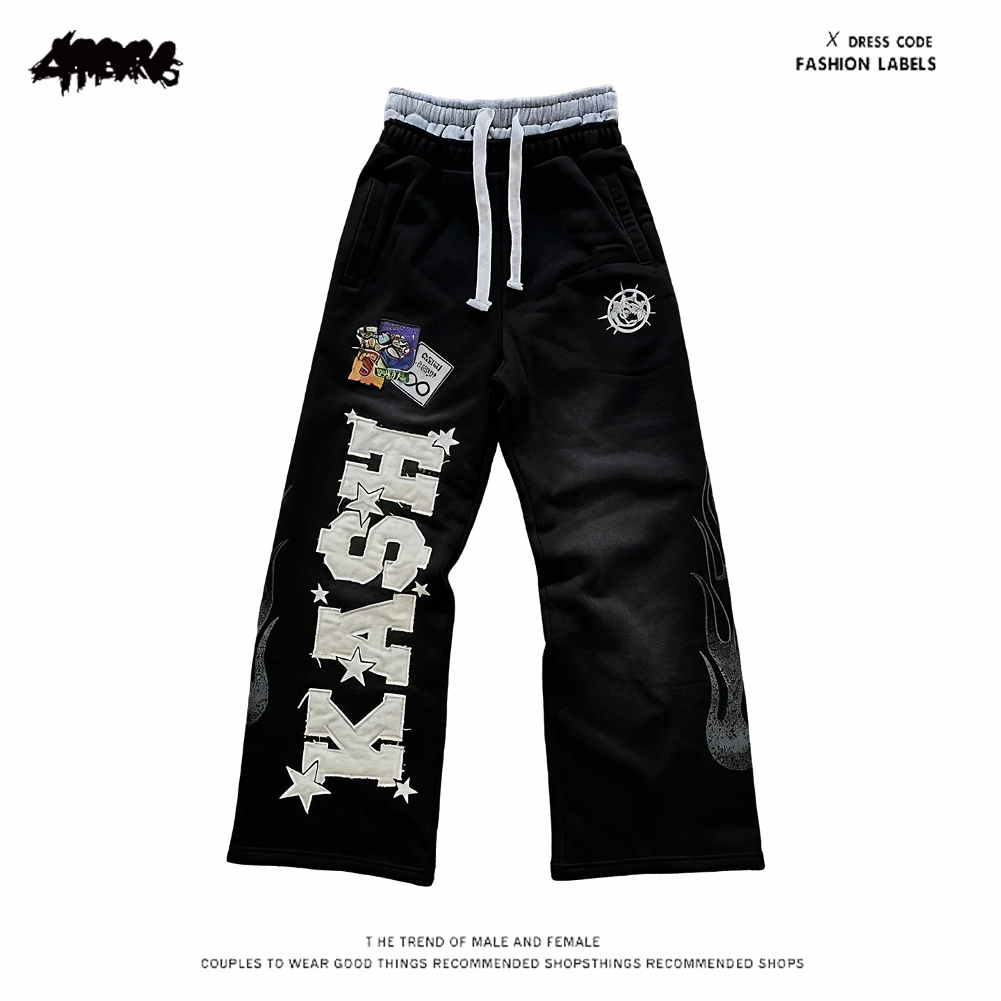 y2k hoodie~嘻哈风美式卫裤男女街头潮流黑色宽松长裤抽绳运动裤