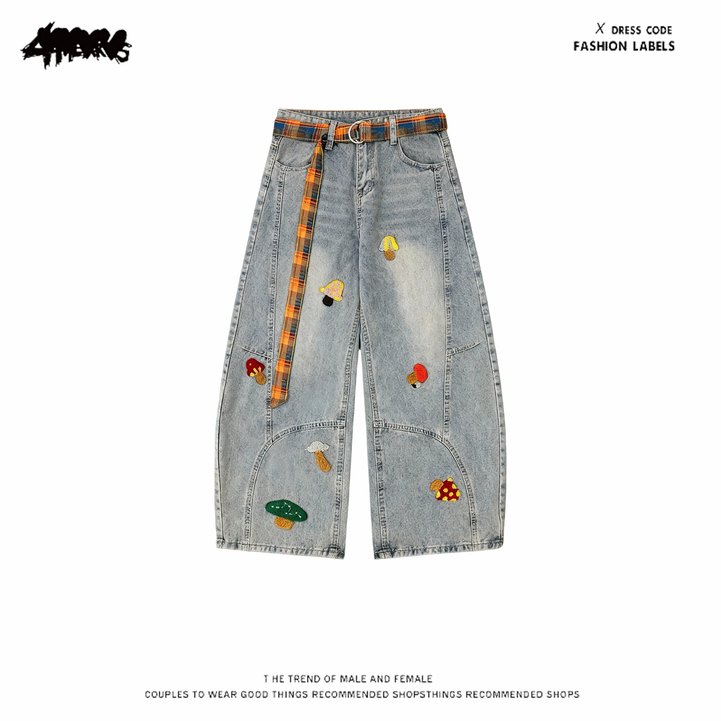 y2k hoodie~美式复古卡通刺绣牛仔裤女宽松阔腿裤休闲长裤弯刀裤