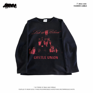 y2k hoodie~黑色长袖T恤男女同款创意卡通印花圆领上衣美式复古