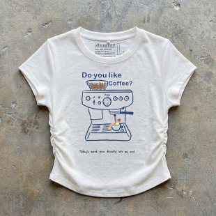 复古Do bm风短款 you Coffee印花T恤夏抽绳褶皱修身 上衣 like 美式