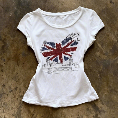 Y2K 千禧辣妹风英国爱心印花收腰T恤美式复古修身显瘦短袖上衣女