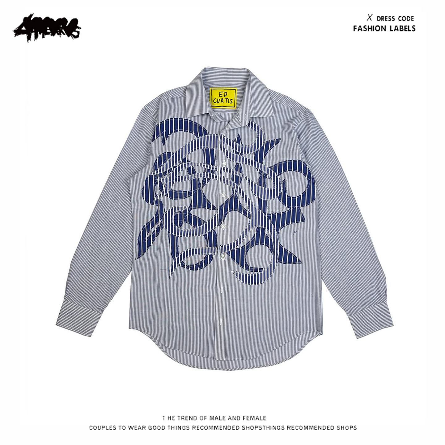 4HEARTS 轻奢潮牌设计感长袖衬衫蓝色条纹创意印花小众纯棉上衣