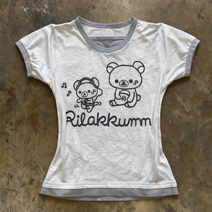美式复古甜妹风松弛熊印花短袖T恤撞色收腰显瘦设计感小众Y2k上衣