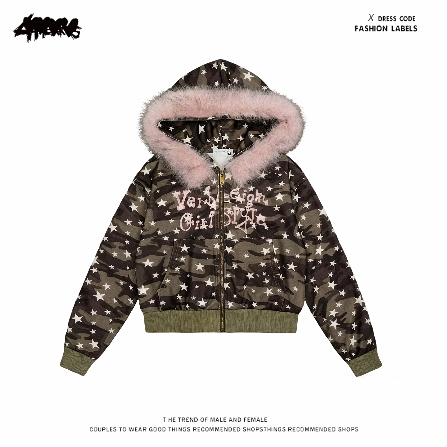 y2k hoodie~美式小众复古星星迷彩毛领连帽卫衣女宽松开衫外套潮