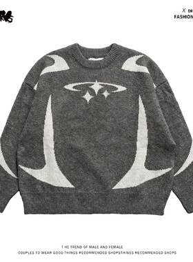 美式小众复古风Y2K~圆领毛针织衫男女宽松长袖灰色套头秋冬毛衣潮