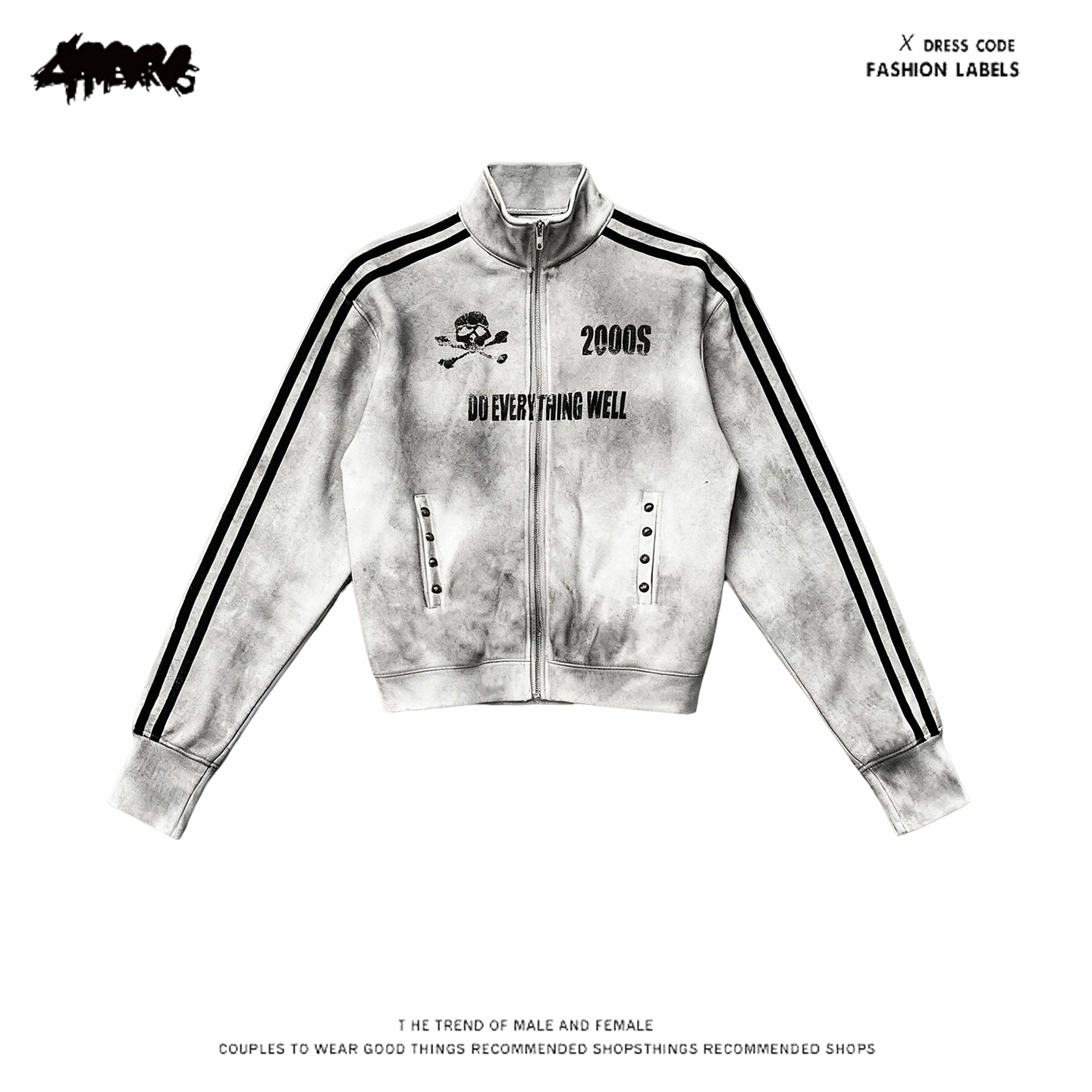 y2k hoodie2025新款休闲风做旧卫裤卫衣骷髅立领拉链夹克男女套装