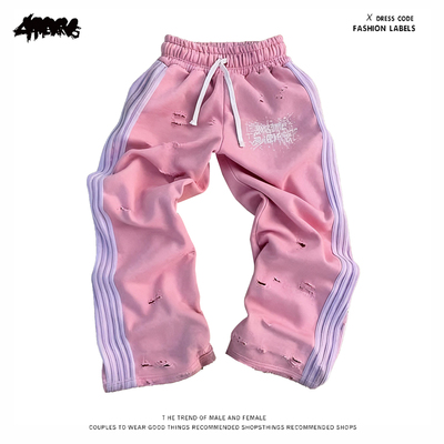 y2k hoodie复古运动风条纹印花卫裤男女同款宽松直筒休闲长裤粉色