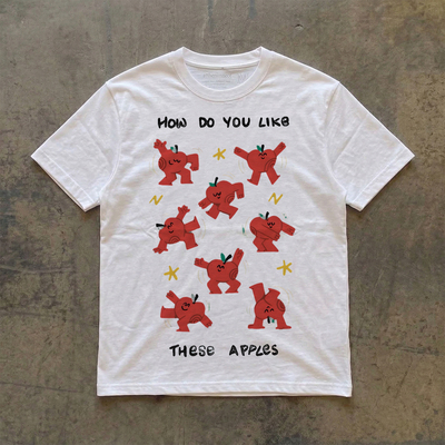 轻亚比文化原创卡通苹果小人插画短袖T恤日系复古风纯棉宽松上衣