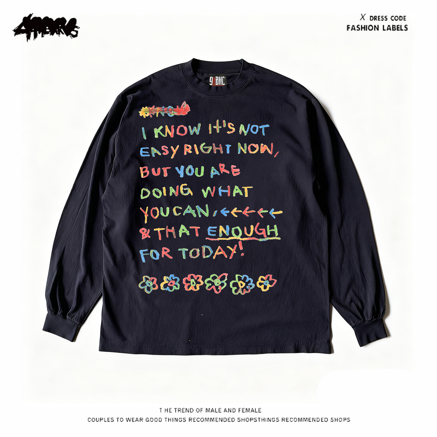 街头休闲风彩色字母印花长袖T恤男女情侣百搭上衣