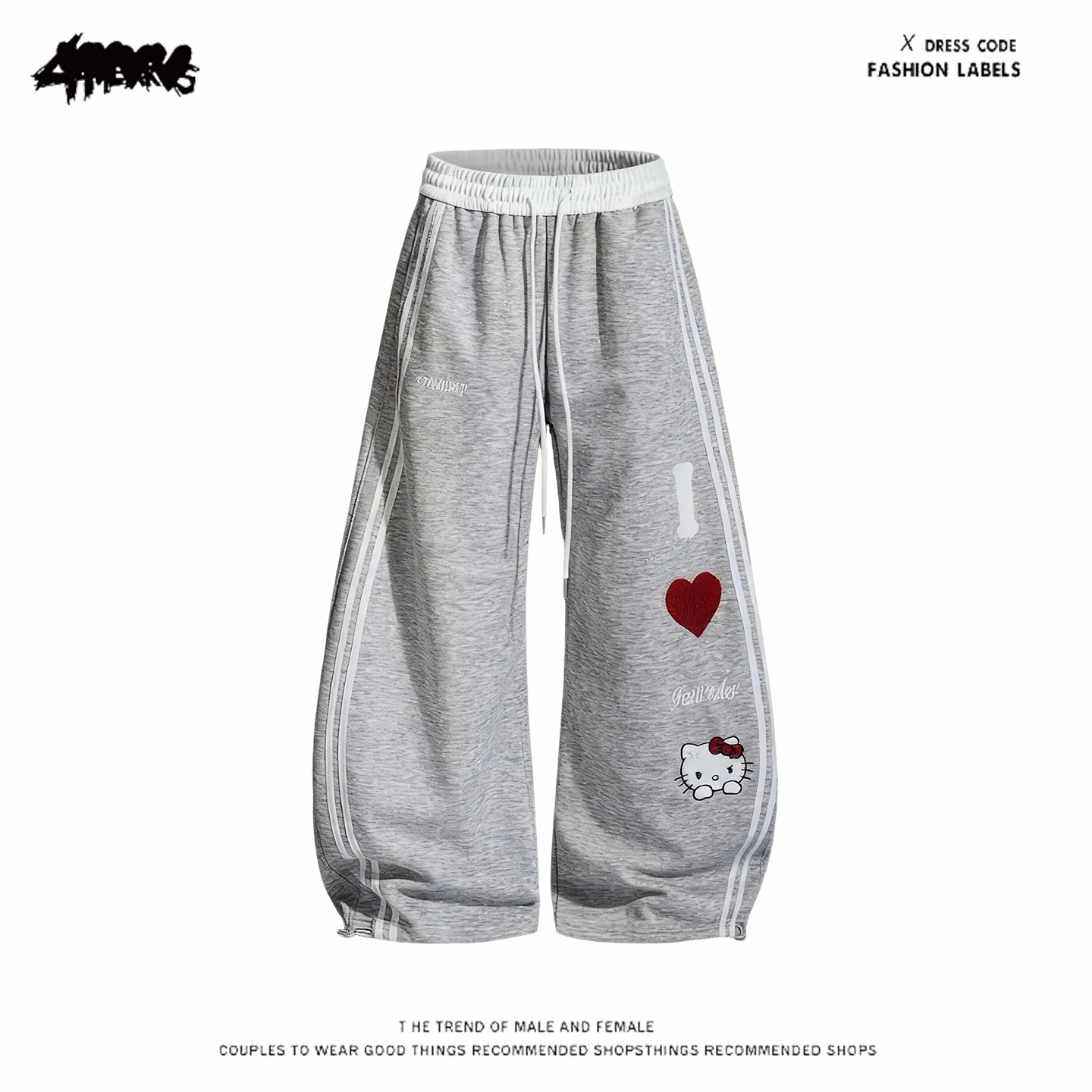 y2k hoodie~美式复古小众刺绣爱心印花卫裤女宽松阔腿弯刀休闲裤