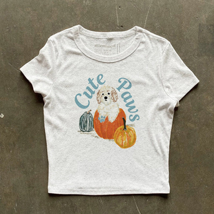 复古少女感bm风南瓜狗狗短款 美式 T恤上衣女 Paws宠物图案短袖 Cute
