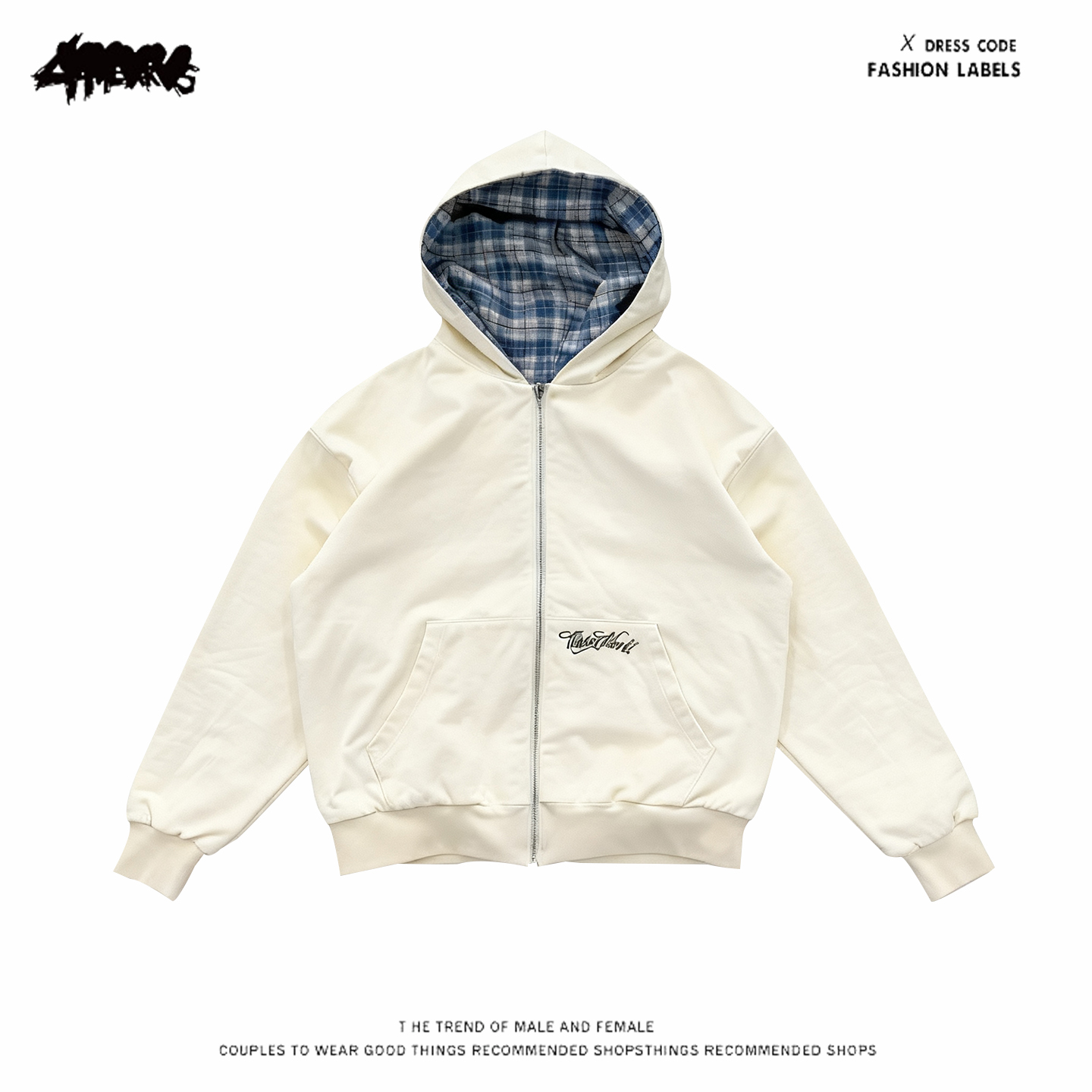 y2k hoodie~休闲风连帽拉链卫衣男女格子内衬宽松廓形外套米白色