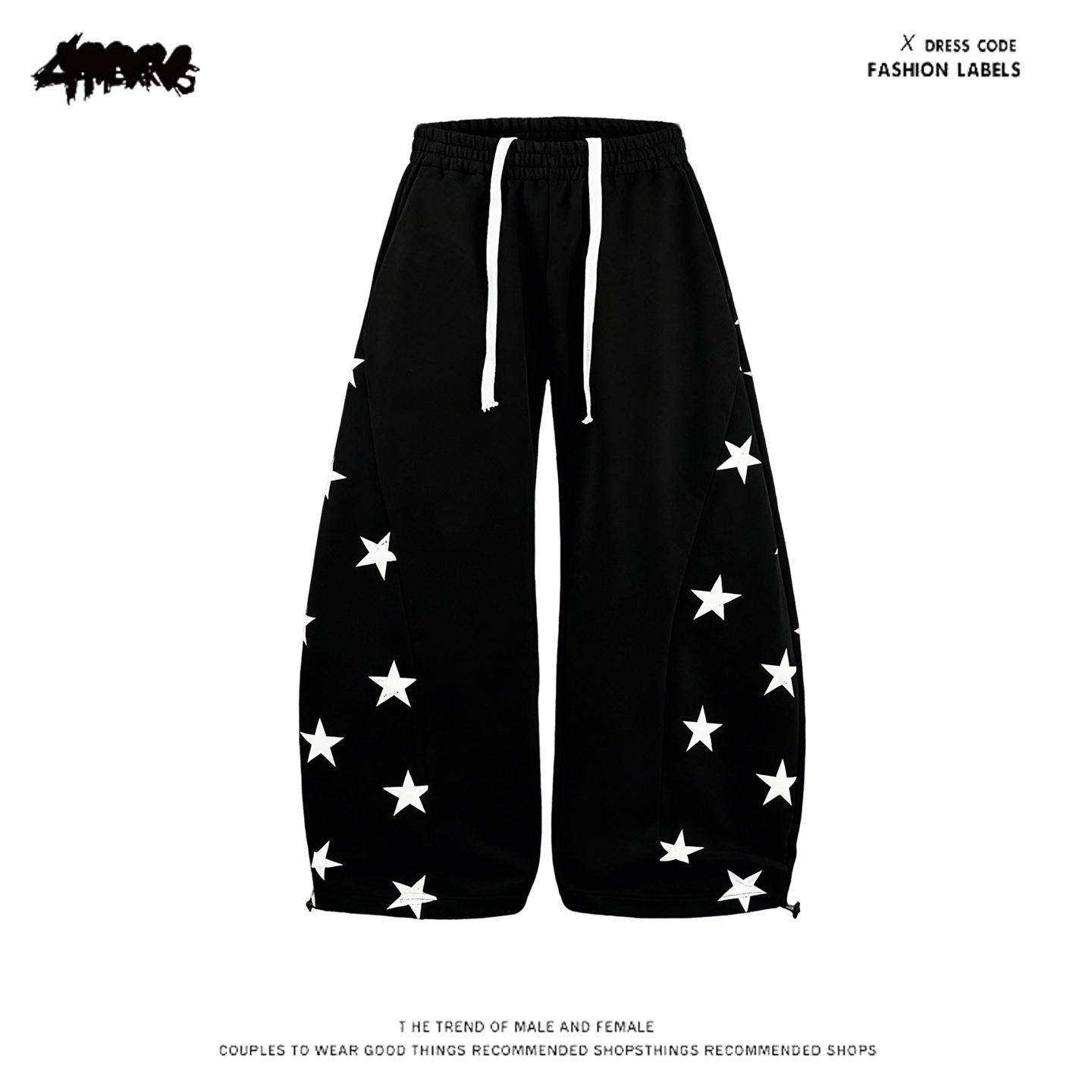 y2k hoodie~美式复古星星印花卫裤女黑色宽松抽绳阔腿裤街头风
