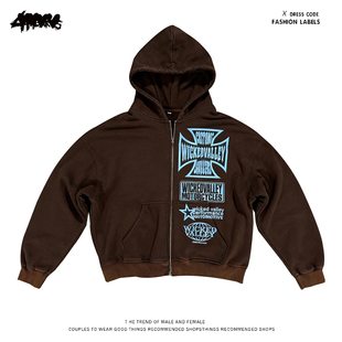 y2k hoodie美式街头风印花连帽拉链卫衣男女同款宽松高街潮牌外套