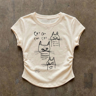 显瘦bm风短款 夏侧边抽绳褶皱修身 上衣 复古搞怪CAT猫印花短袖 美式